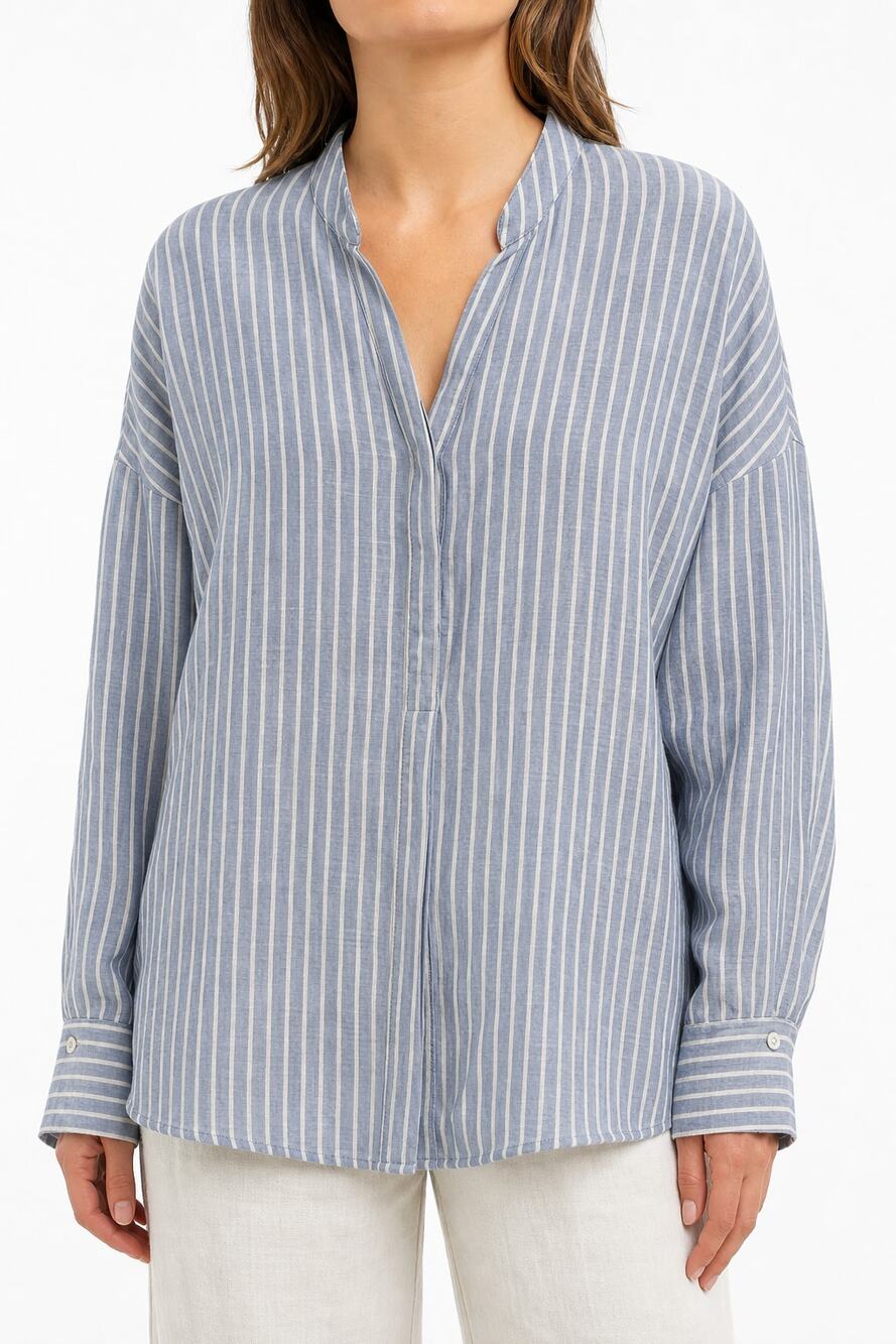 GCfontana Women's Pure Linen Striped Oversized Blouse Blue Size US 6 or M EU 38